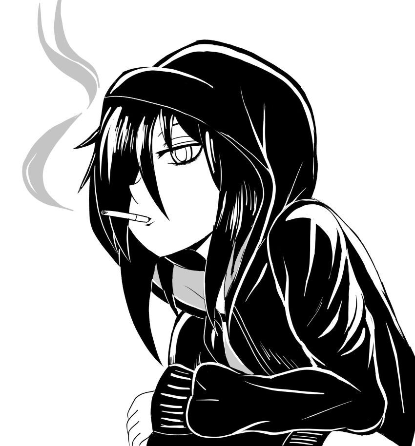 1girl bags_under_eyes cigarette commentary from_side greyscale hair_between_eyes hair_over_one_eye highres hood hood_up hoodie kuroki_tomoko long_hair long_sleeves monochrome mouth_hold one_eye_covered sidelocks simple_background smoke smoking solo upper_body watashi_ga_motenai_no_wa_dou_kangaetemo_omaera_ga_warui! white_background xnandoneko