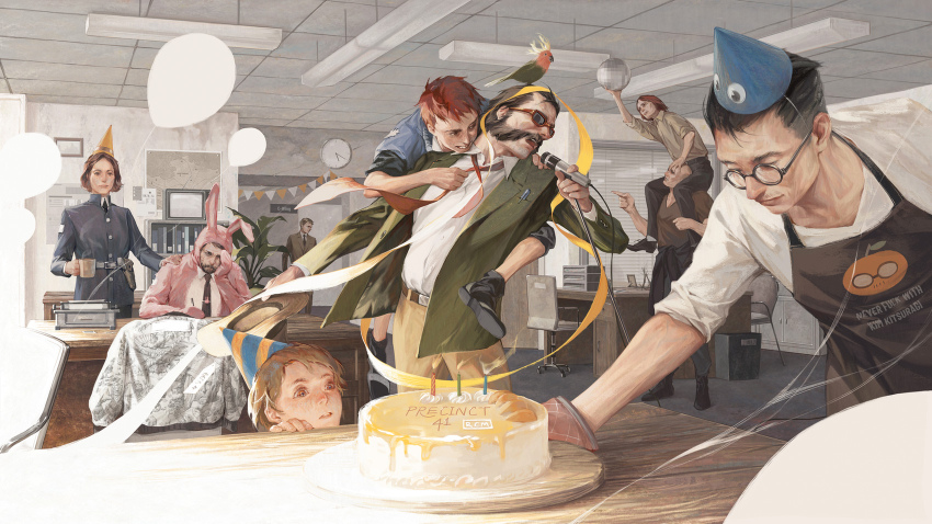 1girl 6+boys animal_costume apron balloon beard belt birthday_cake black_apron black_hair black_necktie brown_hair cake candle ceiling_light chair chanasykine chester_mclaine chinese_commentary clock coffee_mug cuno cup disco_ball disco_elysium english_text facial_hair food formal_clothes glasses green_jacket happy_anniversary harry_du_bois hat highres holding holding_cup holster jacket jean_vicquemare judit_minot kim_kitsuragi mack_torson microphone mug multiple_boys music necktie office oven_mitts party_hat rabbit_costume red_hair red_necktie singing suit sunglasses swivel_chair table trant_heidelstam unworn_jacket