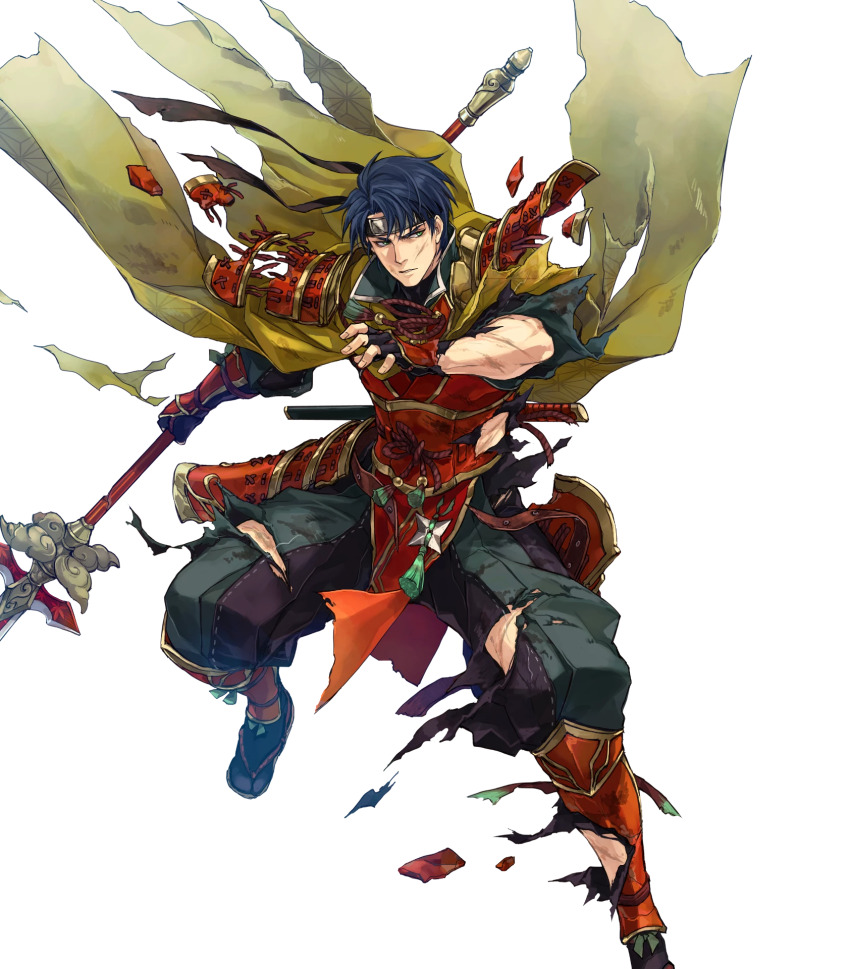 1boy armor black_gloves black_hair cape cuts damaged fingerless_gloves fire_emblem fire_emblem:_radiant_dawn fire_emblem_heroes gloves headband highres holding holding_polearm holding_weapon injury japanese_armor japanese_clothes nintendo non-web_source official_alternate_costume official_art pelvic_curtain polearm short_hair shoulder_armor solo torn_cape torn_clothes v-shaped_eyebrows weapon yellow_cape zelgius_(fire_emblem) zelgius_(ninja)_(fire_emblem)