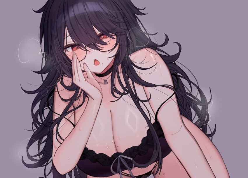 1girl artist_request breasts camisole cleavage commentary_request double_strap_slip frilled_camisole frills glasses heavy_breathing highres indie_virtual_youtuber koala_necklace komoriya_sanaka large_breasts long_hair looking_at_viewer messy_hair mole mole_under_mouth multi-strapped_panties no_pants open_mouth panties purple_hair semi-rimless_eyewear solo sweat underwear virtual_youtuber whispering