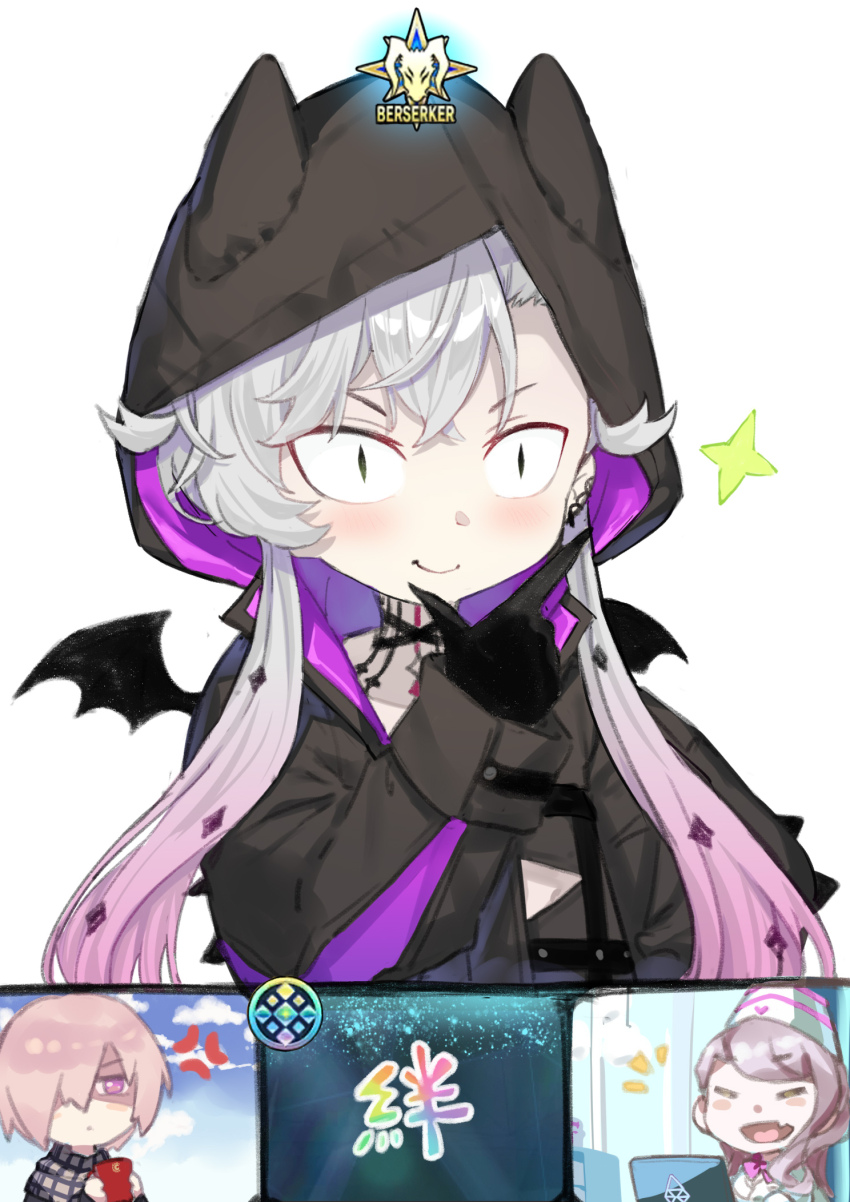 3girls blush chibi coffeekite fate/grand_order fate_(series) garrison_cap glasses hair_over_one_eye hat highres koyanskaya_(fate) koyanskaya_(foreigner)_(first_ascension)_(fate) lilith_(fate) lilith_(first_ascension)_(fate) long_hair long_sleeves mash_kyrielight mash_kyrielight_(chaldea_teatime) multiple_girls pink_hair purple_eyes short_hair smile tamamo_(fate) translation_request