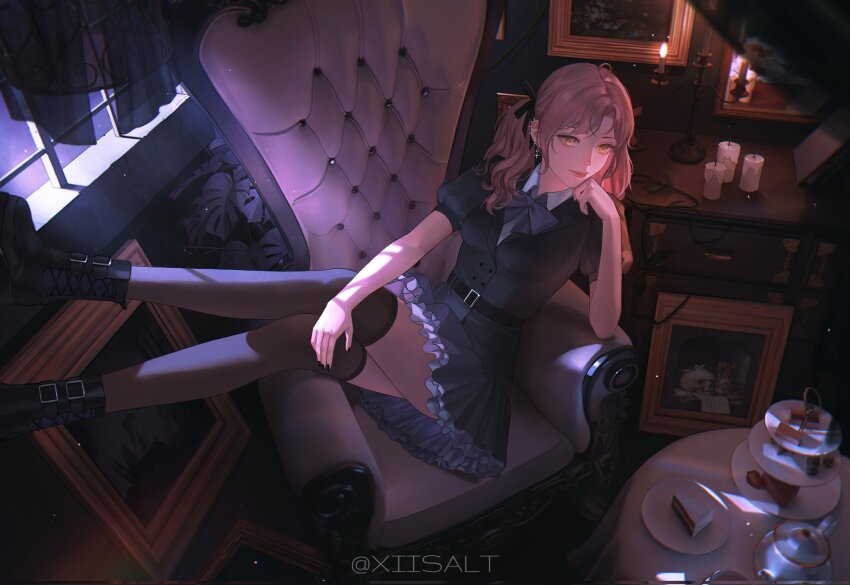 1girl belt belt_boots black_belt black_boots black_nails black_ribbon black_thighhighs blouse blurry blurry_foreground book boots bow bowtie breasts cake candle chair closed_mouth commode cross cross_earrings crossed_legs cup curtains desk_lamp ear_piercing earrings feet_out_of_frame food frilled_skirt frills fruit full_body grey_shirt grey_skirt hand_on_own_face hand_on_own_leg hashtag-only_commentary highres jewelry lamp light_particles looking_to_the_side medium_breasts medium_hair moonlight on_chair original picture_frame piercing pink_hair plant plate puffy_short_sleeves puffy_sleeves purple_bow purple_bowtie ribbon ribbon_hair see-through_curtains shirt short_sleeves skirt skull solo strawberry table tablecloth teacup teapot thighhighs thighs twintails twitter_username white_shirt window window_shadow xiisalt yellow_eyes