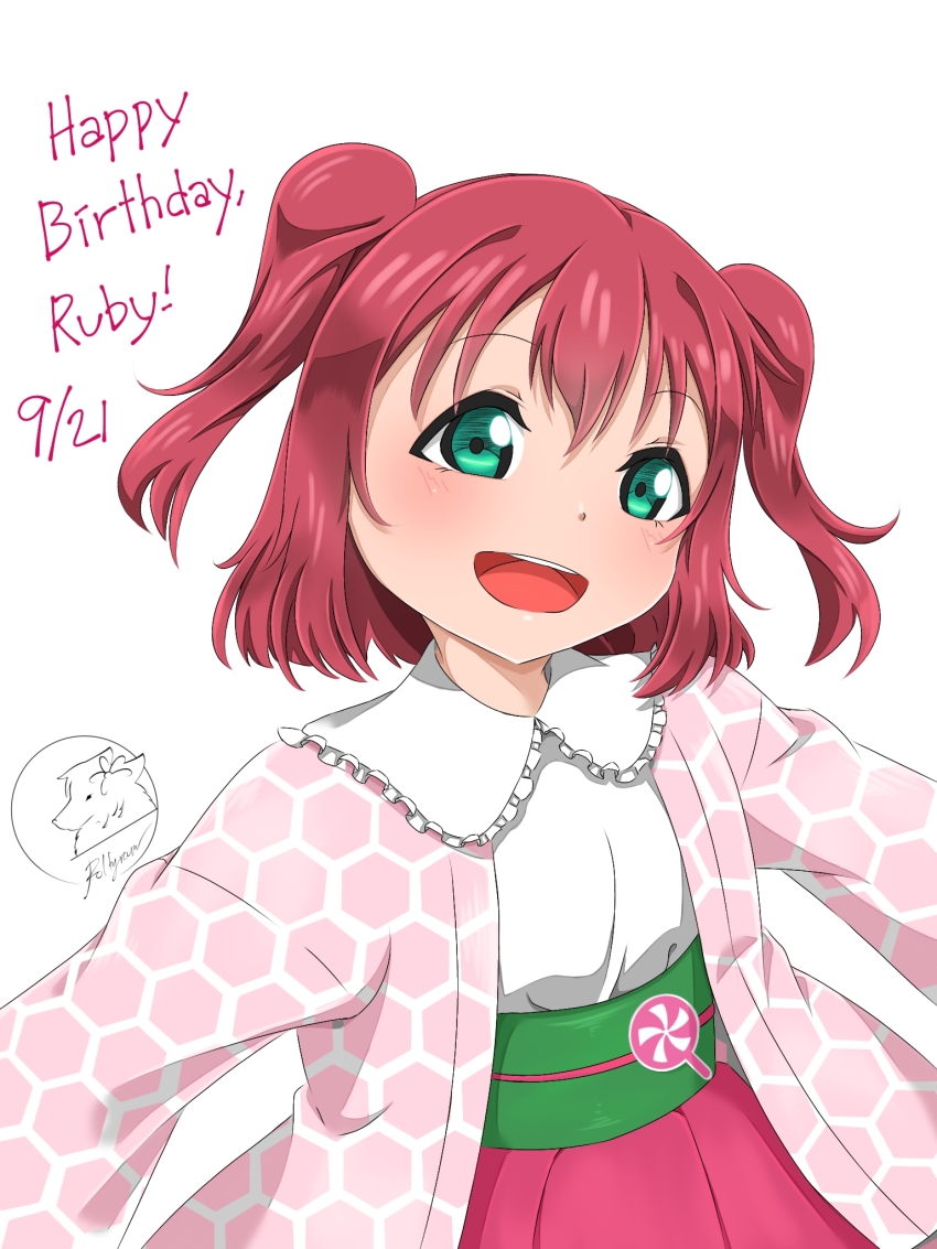 1girl aqua_eyes artist_name artist_request blush breasts corset dress_shirt female_focus green_eyes hair_between_eyes highres honeycomb_(pattern) honeycomb_pattern honeycomb_print jacket kurosawa_ruby looking_at_viewer love_live! love_live!_sunshine!! miniskirt outstretched_arms parted_lips pink_jacket plaid_clothes plaid_skirt pleated pleated_skirt red_hair red_skirt sash shirt short_hair skirt smile solo twintails two_side_up white_background white_shirt