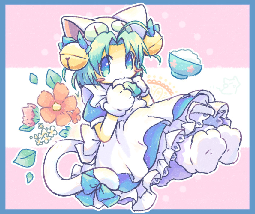 1girl ahoge animal_hat apron bell blue_border blush_stickers border cat_hat cat_tail dejiko di_gi_charat dress flower food full_body green_hair hair_bell hair_ornament hat highres looking_at_viewer mochi puffy_short_sleeves puffy_sleeves ribbon rice short_hair short_sleeves solo tail tail_ornament tail_ribbon white_apron yuzuhamaru