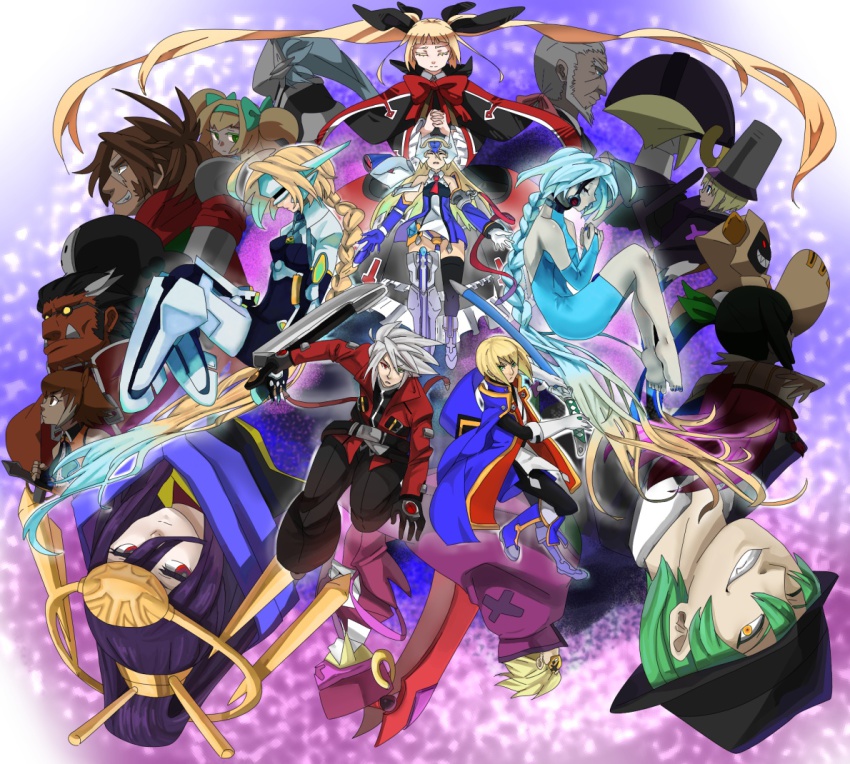 6+boys 6+girls ahoge animal_ears animal_hood arakune arc_system_works bad_id bad_pixiv_id blazblue blazblue:_calamity_trigger blazblue:_continuum_shift blonde_hair bodysuit carl_clover cat_hood everyone eyepatch glasses green_hair hades_izanami hakumen hazama hood ignis_(blazblue) iron_tager jerun kisaragi_jin lambda-11 litchi_faye_ling long_hair makoto_nanaya mask mecha_musume mikado_(blazblue) mu-12 multiple_boys multiple_girls nirvana_(blazblue) noel_vermillion nu-13 platinum_the_trinity purple_hair rachel_alucard ragna_the_bloodedge relius_clover shishigami_bang silver_hair squirrel_ears sword taokaka tsubaki_yayoi valkenhayn_r_hellsing visor weapon