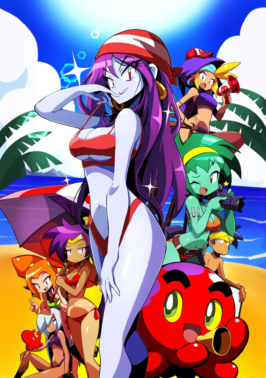 2024 2boys 5girls adjusting_clothes adjusting_swimsuit annoyed antenna_hair arms_up bandana bandeau bare_shoulders beach beach_umbrella bikini blonde_hair blue_hair blue_headband blue_skin blush_stickers bolo_(shantae) bracelet breasts brown_eyes camera clenched_hands collarbone colored_skin commentary dark-skinned_female dark-skinned_male dark_skin day double_v english_commentary feet_out_of_frame flustered green_one-piece_swimsuit green_skin grin hairband halterneck hand_on_own_hip headband highleg highleg_bikini highres holding holding_camera holding_megaphone holding_umbrella holly_lingerbean hood hood_up hoodie jewelry jitome large_breasts leaning_forward leather_belt long_hair megaphone multiple_boys multiple_girls narrow_waist navel ocean official_art one-piece_swimsuit one_eye_closed open_mouth orange_bikini outdoors palm_tree pirate ponytail purple_bikini purple_eyes purple_hair purple_hoodie red_bikini red_eyes risky_boots rottytops sakurajyousui_nami sandals shantae shantae:_half-genie_hero shantae_(series) shantae_and_the_pirate&#039;s_curse shore short_hair side-tie_bikini_bottom sitting sky_(shantae) smile sparkle spiked_hair squid_baron squid_smith standing straight_hair striped_clothes striped_headwear sunlight swimsuit tareme teasing thick_thighs thighs tiara tree tsurime twintails udon_entertainment umbrella underboob v v-shaped_eyebrows very_long_hair wayforward wink yellow_headband zombie_girl