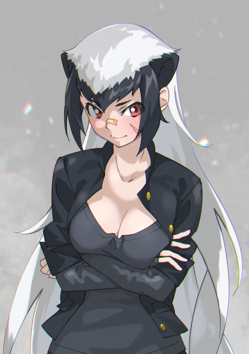 1girl absurdres animal_ears arms_under_breasts badger_ears bandaid bandaid_on_face bandaid_on_nose black_hair black_shirt breasts buttons cleavage closed_mouth collarbone collared_shirt crossed_arms dress_shirt elbow_gloves extra_ears eyes_visible_through_hair facial_scar fingerless_gloves gloves grey_hair grey_shirt highres kemono_friends light_blush long_hair medium_breasts multicolored_hair open_clothes open_shirt ratel_(kemono_friends) red_eyes scar scar_on_cheek scar_on_face shirt sidelocks solo tanabe_(fueisei) unbuttoned undershirt upper_body very_long_hair
