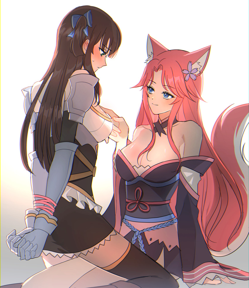 2girls animal_ears arms_behind_back blue_eyes blush bound bound_wrists bow brown_hair ceri_(sakura_dungeon) commission commissioner_upload embarrassed finger_to_another&#039;s_chest fox_ears fox_girl fox_tail full_body highres multiple_girls non-web_source prmogumogu sakura_dungeon sitting sitting_on_lap sitting_on_person smile tail yomi_(sakura_dungeon) yuri