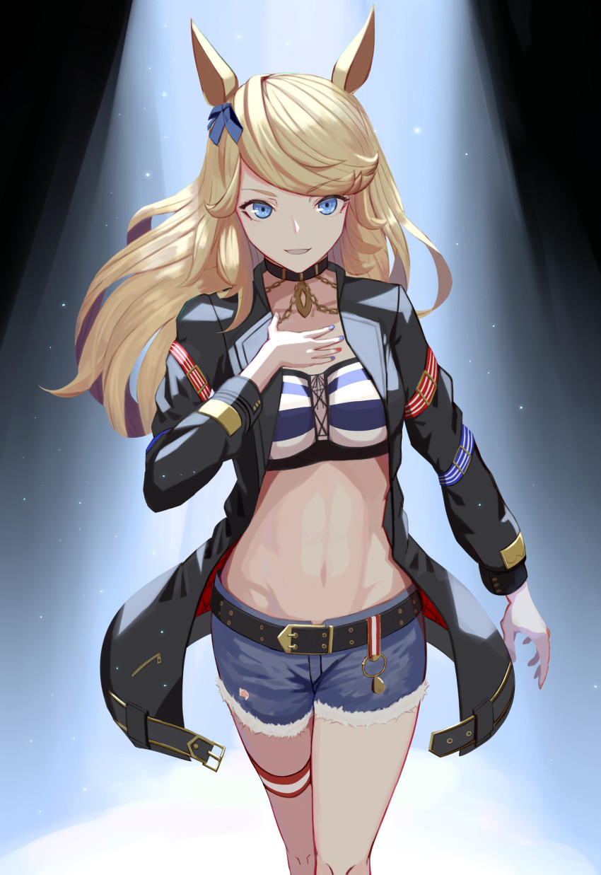 1girl :d absurdres animal_ears bandeau belt black_belt black_jacket blonde_hair blue_eyes blue_ribbon commentary_request cowboy_shot cutoffs denim denim_shorts gold_city_(umamusume) hair_ribbon hand_on_own_chest highres horse_ears jacket long_hair long_sleeves looking_at_viewer madori_(madori151) midriff multicolored_nails nail_art nail_polish navel open_clothes open_jacket open_mouth ribbon short_shorts shorts smile solo standing stomach strapless striped_bandeau thigh_strap thighs tube_top umamusume