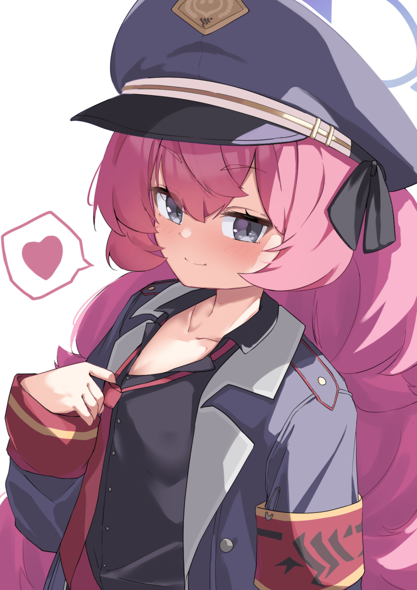1girl armband black_bow black_hat black_shirt blue_archive blue_halo blush bow closed_mouth clothes_pull collarbone collared_shirt commentary fluffy_hair grey_eyes hair_between_eyes hair_bow halo hand_up hat heart highres iroha_(blue_archive) long_hair looking_at_viewer necktie osmium-76 peaked_cap pulling_own_clothes red_armband red_hair red_necktie seductive_smile shirt shirt_pull simple_background sleeves_past_wrists slit_pupils smile solo speech_bubble split_mouth spoken_heart upper_body very_long_hair white_background