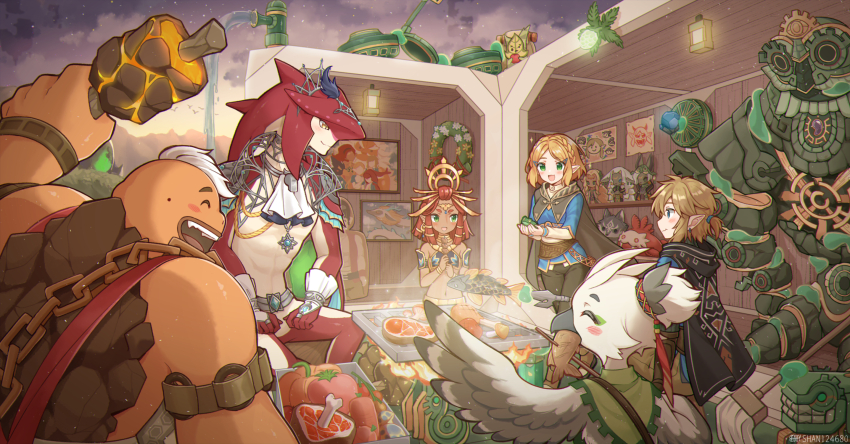 1other 2girls 4boys beak big_cat_shan bird_boy cardboard_cutout character_doll cloak colored_skin cooking daruk drawing_(object) evening flower_wreath food gerudo goron highres hudson_(zelda) korok light_dragon_(zelda) link mineru_(zelda) mipha multiple_boys multiple_girls night nintendo picture_frame pointy_ears princess_zelda rauru_(tears_of_the_kingdom) red_skin revali riju rito sidon sonia_(zelda) the_legend_of_zelda the_legend_of_zelda:_tears_of_the_kingdom tulin_(zelda) urbosa wolf_link yunobo zonai_device zora