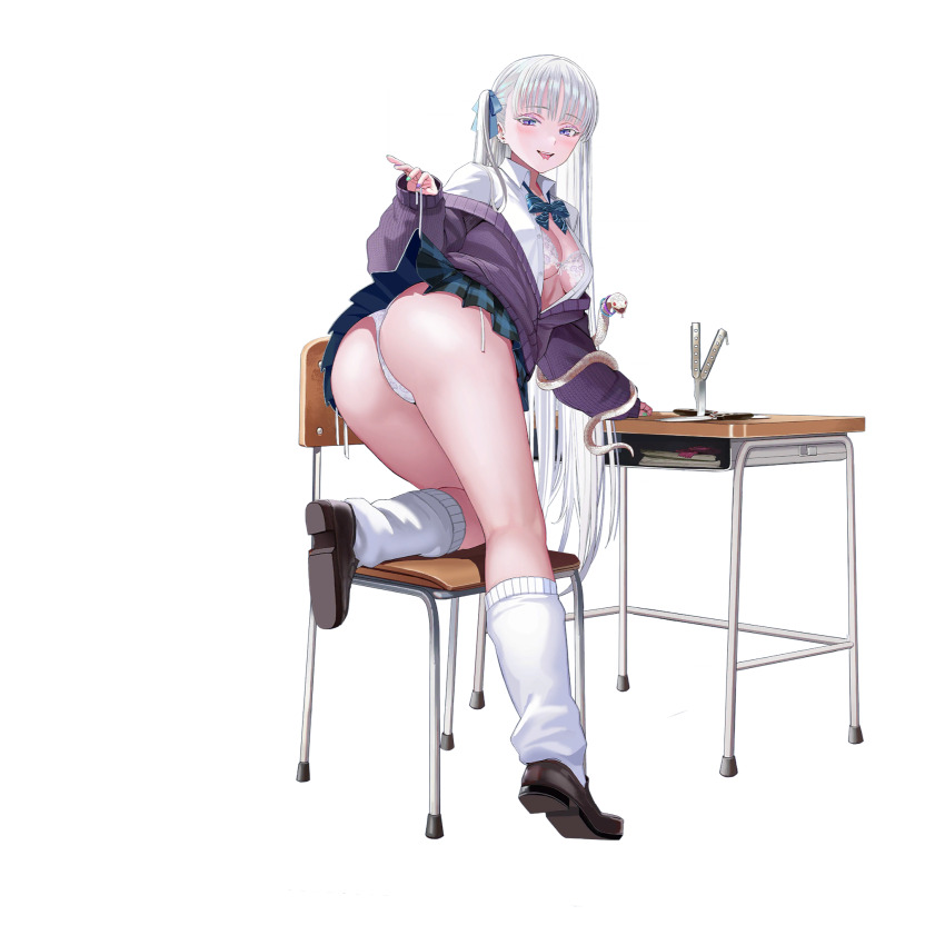 1girl ass balisong blue_ribbon book bow bra breasts brown_shoes cardigan chair checkered_clothes checkered_skirt cheona_(last_origin) cleavage collared_shirt colored_eyelashes condom condom_wrapper desk ear_piercing floral_print forked_tongue from_behind full_body green_bow green_nails green_skirt gyaru hair_ribbon hand_on_table highres knife lace lace_bra lace_panties last_origin linea_alba loafers long_hair looking_at_viewer looking_back loose_socks medium_breasts microskirt multicolored_nails nail_polish official_alternate_costume official_art open_clothes open_mouth open_shirt panties panty_lift partially_unbuttoned partially_unzipped piercing pleated_skirt purple_cardigan purple_eyes purple_nails ribbon school_chair school_desk school_uniform shirt shoes side-tie_panties simple_background skirt slit_pupils smile snake snake_girl socks solo tachi-e taesi teeth third-party_source tongue tongue_out tongue_piercing transparent_background twintails underwear upper_teeth_only white_bra white_eyelashes white_hair white_panties white_shirt white_snake white_socks