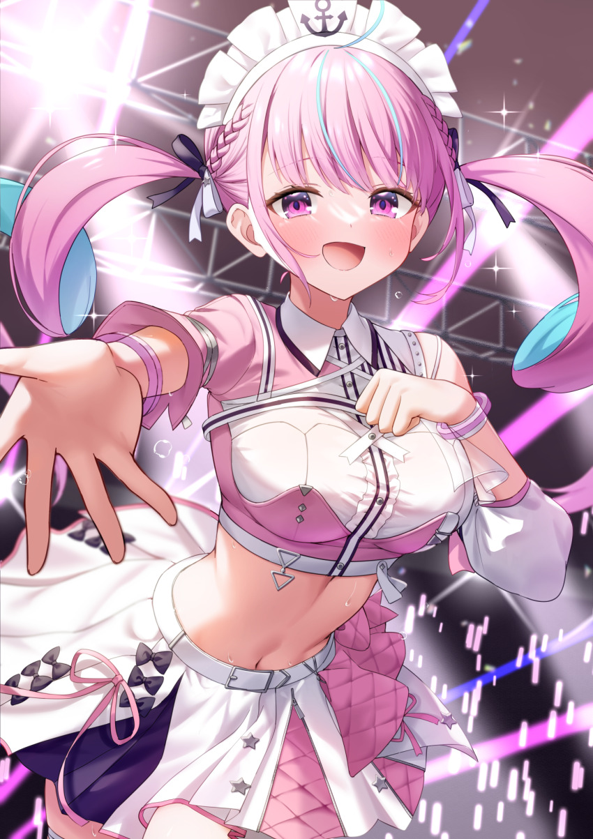 1girl :d ahoge anchor_symbol aqua_hair blunt_bangs blurry blurry_background braid breasts center_frills collared_shirt colored_inner_hair commentary_request concert cropped_shirt detached_sleeves drill_hair fanged_bangs faubynet frills glowstick hand_on_own_chest highres hololive hololive_idol_uniform_(color_rise) idol_clothes large_breasts long_hair looking_at_viewer maid_headdress midriff minato_aqua miniskirt multicolored_hair multicolored_shirt navel official_alternate_costume open_mouth penlight_(glowstick) pink_hair pink_shirt pleated_skirt puffy_detached_sleeves puffy_short_sleeves puffy_sleeves purple_eyes reaching reaching_towards_viewer revision shirt short_sleeves side_braids single_detached_sleeve single_sleeve skirt smile solo streaked_hair twin_drills two-tone_hair virtual_youtuber white_shirt white_skirt
