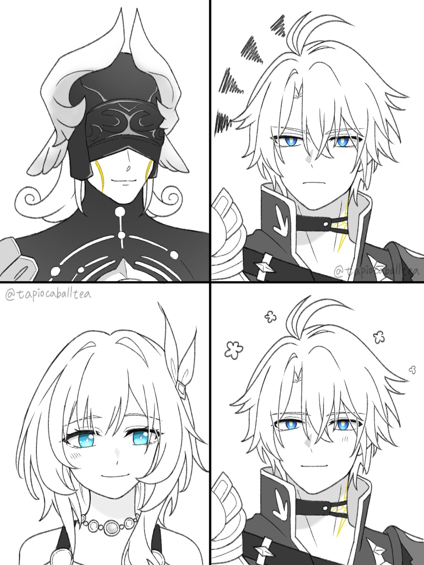 1girl 2boys ahoge angry blue_eyes coat commentary_request cyrene_(honkai:_star_rail) gold_tattoo hair_ornament highres honkai:_star_rail honkai_(series) jewelry lygus_(honkai:_star_rail) multiple_boys neck_tattoo necklace partially_colored phainon_(honkai:_star_rail) robot short_hair smile tapiocaballtea tattoo twitter_username