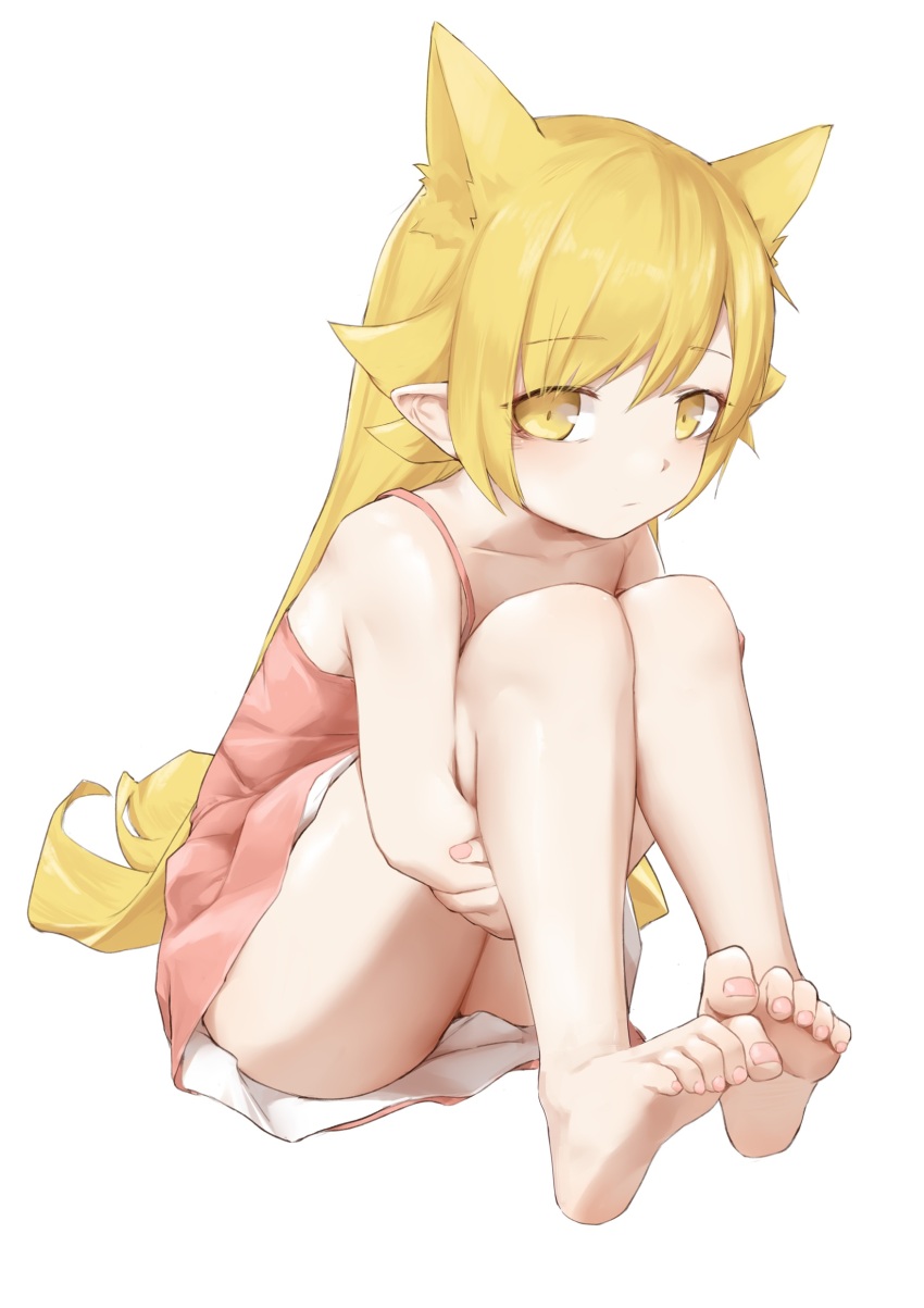 1girl absurdres barefoot blonde_hair blush feet highres hugging_own_legs long_hair looking_at_viewer monogatari_(series) oshino_shinobu oshino_yeye pointy_ears soles toes yellow_eyes
