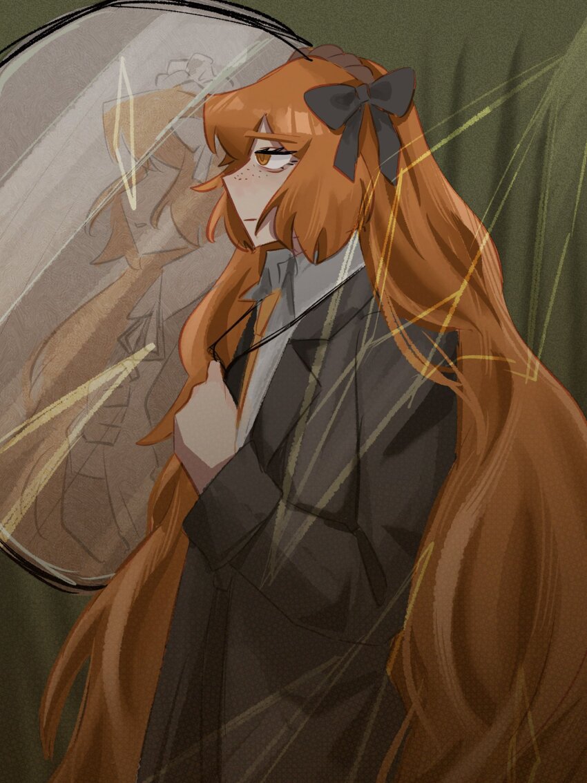 1girl a_ml0525 black_bow black_coat bow bygone_days_(e.g.o) coat collared_shirt different_reflection e.g.o_(project_moon) freckles glass_shards green_background hair_bow hairband hand_on_own_chest highres holding_pendant ishmael_(project_moon) lapels limbus_company long_hair long_sleeves maid maid_headdress mirror necktie orange_eyes orange_hair orange_necktie project_moon reflection shirt upper_body very_long_hair white_bow white_shirt wuthering_heights_(identity)_(project_moon)