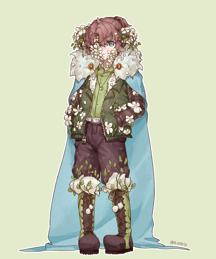 1boy adapted_costume ahoge alternate_animal_ears alternate_hairstyle alternate_horns animal_ears aqua_cape bishounen blue_eyes boots brown_hair brown_pants cape commentary dream_smp english_commentary flower full_body fur_trim green_background green_boots hands_in_pockets highres horns juzo_xiii male_focus minecraft_youtube pants ponytail sheep_boy sheep_ears sheep_horns short_hair simple_background solo standing tubbo white_flower