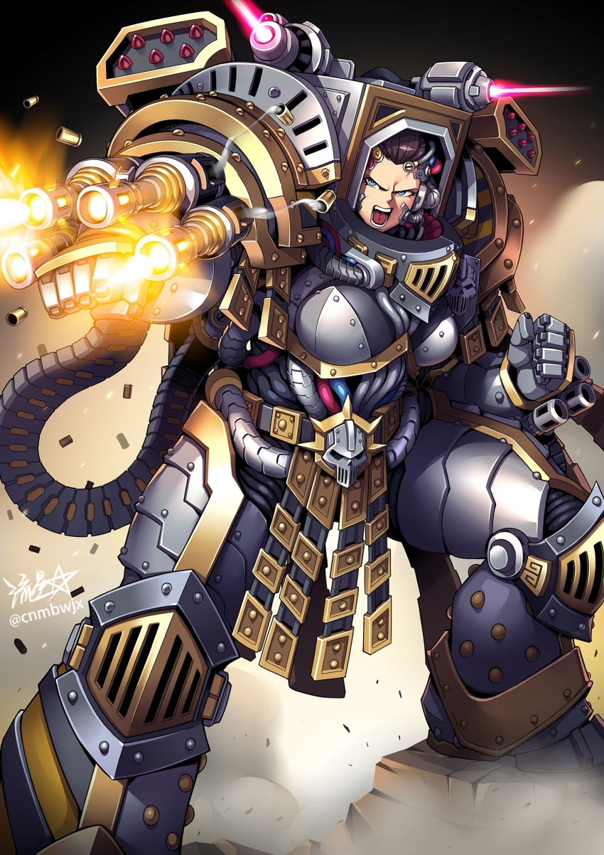 1girl adeptus_astartes ammunition_belt armor breastplate brown_hair clenched_hand clenched_hands firing full_armor gauntlets genderswap genderswap_(mtf) gold_trim greaves gun hazard_stripes highres iron_warriors legs_apart mechabare missile_pod open_mouth pauldrons perturabo power_armor primarch rivets rocket_launcher ryuusei_(mark_ii) scowl shell_casing short_hair shoulder_armor signature skull solo standing teeth tube warhammer_40k weapon