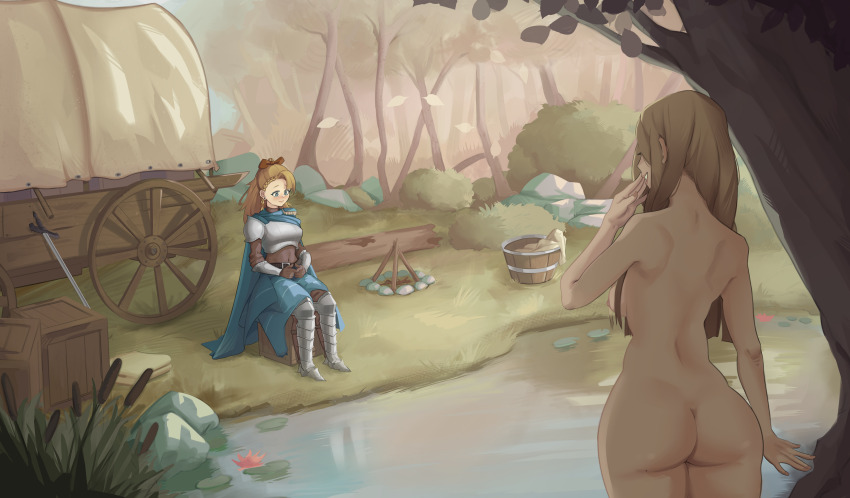 2girls ass blonde_hair breasts bucket clothed_female_nude_female earrings forest hands_on_lap highres jewelry knight long_hair multiple_girls nature nipples nude original ponytail rock scenery sitting smile standing sword tree vispersss water weapon wheel yuri