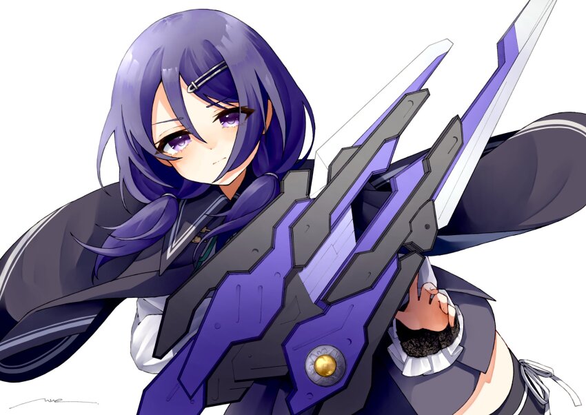 1girl amahara_nue aqua_ribbon artist_name assault_lily black_cape black_skirt black_thighhighs cape closed_mouth commentary cowboy_shot dutch_angle floating_cape floating_hair frilled_sleeves frills hair_between_eyes hands_up highres holding holding_weapon leg_ribbon long_hair long_sleeves looking_at_viewer low_twintails miniskirt neck_ribbon pleated_skirt purple_eyes purple_hair ribbon school_uniform shirt simple_background skirt solo standing thigh_ribbon thighhighs twintails v-shaped_eyebrows watanabe_akane weapon white_background white_ribbon white_shirt yurigaoka_girls_academy_school_uniform
