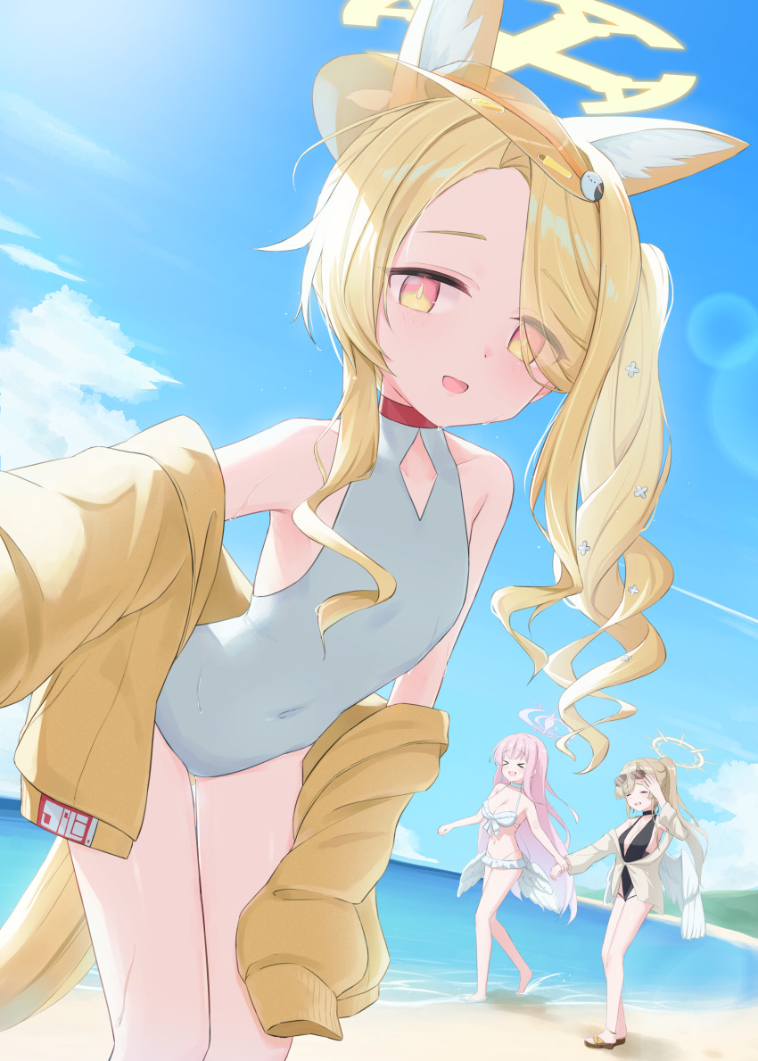 &gt;_&lt; 3girls absurdres angel_wings animal_ear_fluff animal_ears beach bikini black_one-piece_swimsuit blue_archive blush breasts brown_hair brown_halo choker cleavage closed_eyes collarbone covered_navel eyewear_on_head feathered_wings fox_ears fox_girl fox_tail frilled_bikini frills hair_over_one_eye halo hand_on_own_knee highres hitsuji_(myn_mei) holding holding_another&#039;s_wrist jacket leaning_forward long_hair long_sleeves looking_at_viewer low_wings mika_(blue_archive) mika_(swimsuit)_(blue_archive) multiple_girls nagisa_(blue_archive) nagisa_(swimsuit)_(blue_archive) navel one-piece_swimsuit open_mouth pink_eyes pink_hair pink_halo sandals seia_(blue_archive) seia_(swimsuit)_(blue_archive) small_breasts smile sunglasses swimsuit tail tea_party_(blue_archive) very_long_hair visor_cap white_bikini white_choker white_one-piece_swimsuit white_wings wings yellow_halo yellow_jacket