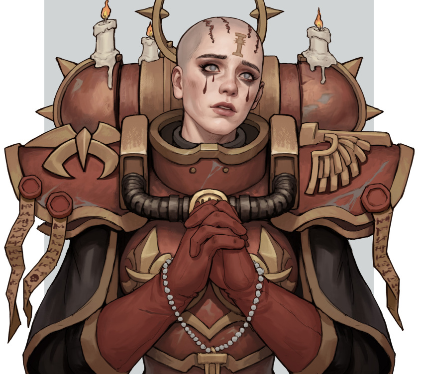 1girl adepta_sororitas armor bald beads black_capelet boobplate breastplate candle capelet eyelashes facial_mark forehead_mark gloves grey_eyes halo highres interlocked_fingers liquid_from_eyes mechanical_halo own_hands_clasped own_hands_together prayer_beads purity_seal red_gloves solo spikes upper_body warhammer_40k yangzheyy
