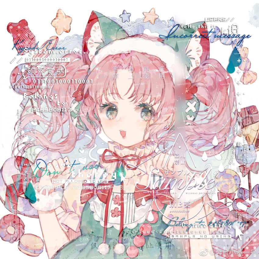 1girl animal_ear_fluff animal_ears aqua_dress aqua_eyes benyue_xiao_kui bow bowtie box candy candy_cane cat_ears chinese_commentary chocolate clenched_hands collared_shirt colored_eyelashes commentary_request commission cookie dango dress earmuffs fang floating_hair flower food frilled_dress frilled_shirt_collar frilled_sleeves frills fur_cuffs gummy_bear hair_flower hair_ornament happy high_collar highres light_blush lollipop long_hair looking_at_viewer macaron neck_ribbon open_mouth original paw_pose pinafore_dress pink_hair puffy_short_sleeves puffy_sleeves red_bow red_bowtie red_flower red_ribbon ribbon sample_watermark shirt short_sleeves sleeveless sleeveless_dress smile solo star_(symbol) swirl_lollipop tareme teeth too_many_watermarks twintails upper_body upper_teeth_only wagashi watermark weibo_watermark white_background white_shirt white_wrist_cuffs wrist_cuffs