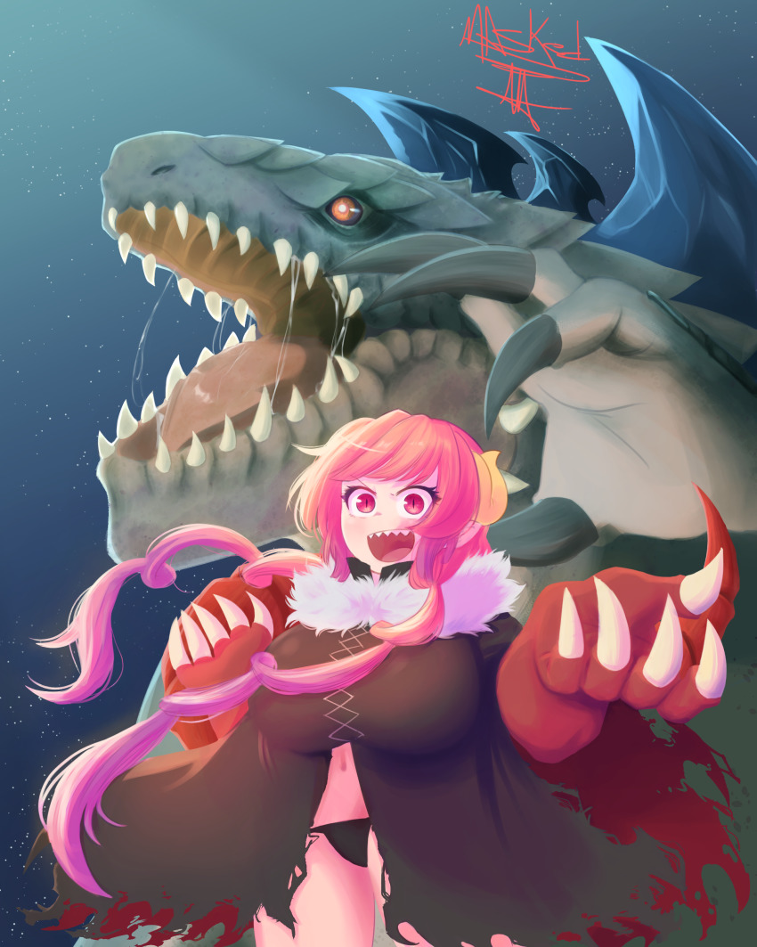 absurdres black_claws black_panties blue_background breasts claws cloak commission dragon_claw dragon_claws dragon_girl dragon_horns dragon_tail evil_smile fangs fur_cloak giant giant_monster godzilla godzilla_(series) godzilla_the_series gradient_hair grin highres horns huge_breasts ilulu_(maidragon) kaiju kobayashi-san_chi_no_maidragon light_particles low_twintails masked_ink multicolored_hair navel open_mouth panties pink_hair pointy_ears red_eyes scales sharp_teeth shortstack signature signature size_difference slit_pupils smile spikes tail teeth thighs torn_clothes twintails underwear zilla