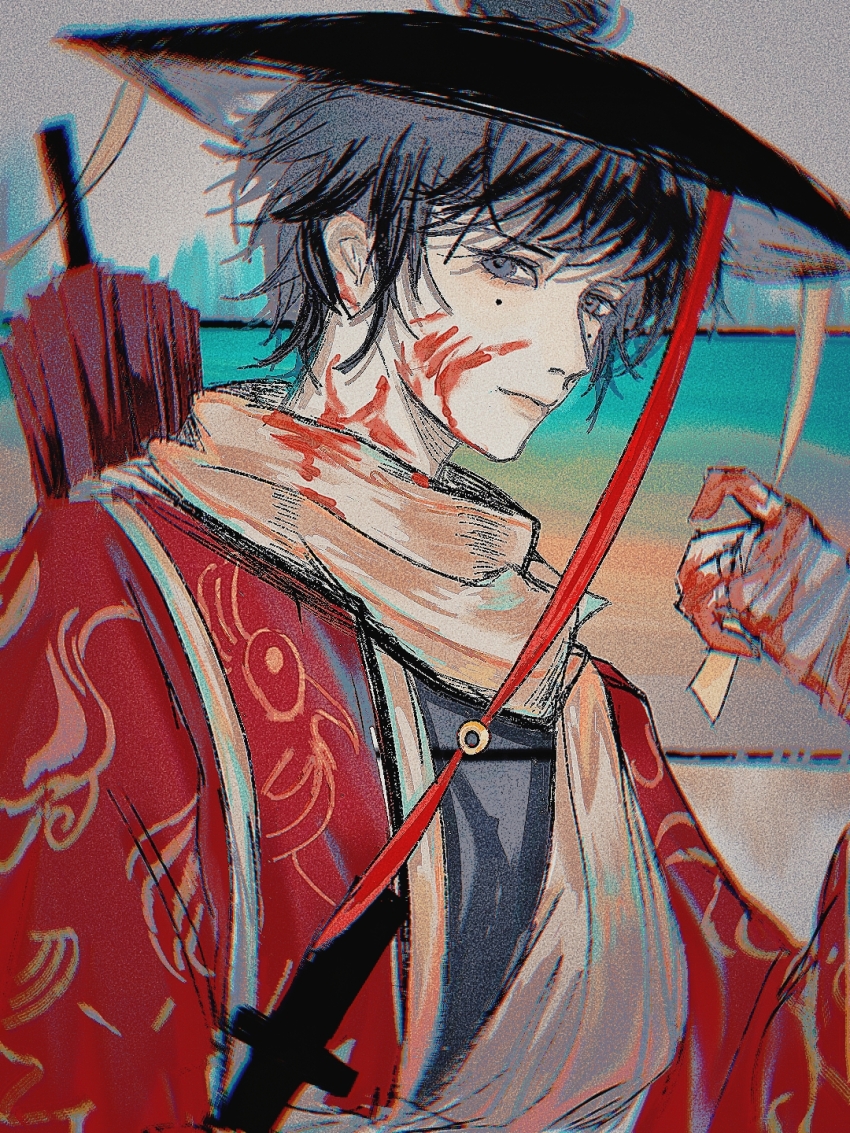 1boy black_eyes black_hair black_hat black_shirt blood blood_on_clothes blood_on_face blood_on_hands blood_on_neck cen_boyao chinese_commentary chromatic_aberration closed_mouth commentary_request film_grain hand_up hat highres huashijie_(medium) huayangshan_jishi jacket male_focus mole mole_under_each_eye mole_under_eye multiple_moles oil-paper_umbrella open_clothes open_jacket red_jacket scarf shirt short_hair solo umbrella upper_body white_scarf yexing