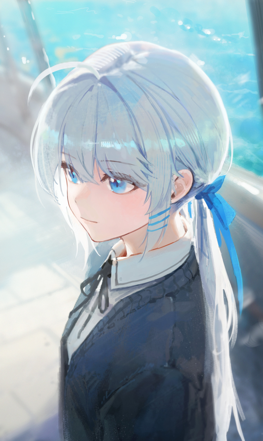 1girl absurdres ahoge black_ribbon blue_eyes blue_ribbon cardigan closed_mouth collared_shirt day eyelashes gosegu guan_byeol hair_intakes hair_ornament hairpin highres light_smile long_hair long_sleeves looking_afar neck_ribbon outdoors ribbon school_uniform shirt solo sunlight upper_body waktaverse white_hair white_shirt