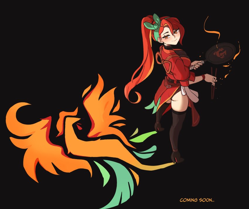 ass bird black_background black_thighhighs bodystocking boots breasts chopsticks cikired cleavage colored_shadow from_behind frying_pan hair_ribbon high_heel_boots high_heels highres holding holding_chopsticks holding_frying_pan hyyun_ho june_(hyyun_ho) long_hair looking_at_viewer orange_hair phoenix ponytail red_eyes red_hair ribbon shadow simple_background smile thighhighs very_long_hair