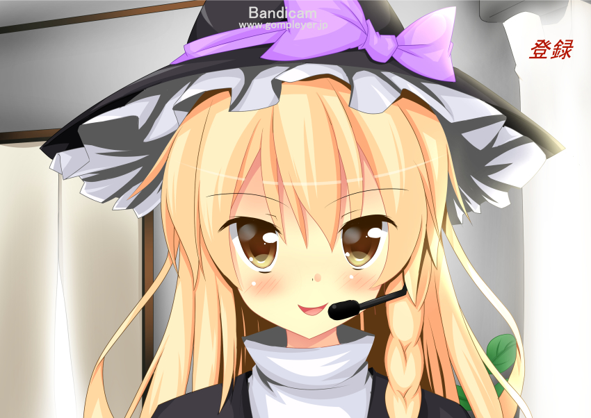 1girl absurdres bandicam black_hat blonde_hair blush brown_eyes commentary_request cookie_(touhou) curtains frilled_hat frills hat headset highres indoors kirisame_marisa long_hair looking_at_viewer open_mouth parody plant potted_plant rei_(cookie) smile solo syamu_game szk touhou turtleneck upper_body witch_hat