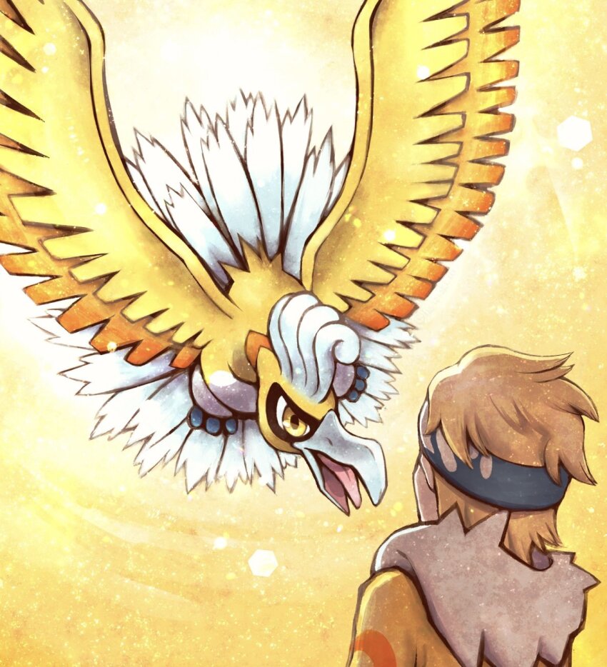 1boy alternate_color beak blonde_hair feathers gen_2_pokemon hanasaki_(1470267) headband highres ho-oh legendary_pokemon looking_at_another morty_(pokemon) morty_(sygna_suit)_(pokemon) nintendo official_alternate_costume open_mouth pokemon pokemon_(creature) pokemon_masters_ex shiny_pokemon tongue tongue_out wings yellow_eyes