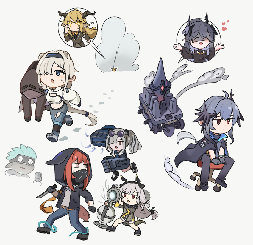 1other 2boys 6+girls :d ^_^ ahoge animal_ears arknights armband aurora_(arknights) black_coat black_gloves black_hair black_horns black_jacket blonde_hair blue_eyes blue_pants brown_eyes carrying carrying_over_shoulder carrying_person chair chibi chibi_only closed_eyes closed_mouth coat commentary crop_top cropped_jacket crownslayer_(arknights) degenbrecher_(arknights) doctor_(arknights) dot_mouth dot_nose elysiium english_commentary ethan_(arknights) expressionless eyewear_on_head feater_(arknights) fleeing gloves green_jacket grey_background grey_hair grey_jacket hair_over_one_eye heart highres holding holding_knife holding_weapon hood hood_up hooded_jacket horns jacket knife laqeramaline_(arknights) logos_(arknights) long_hair long_sleeves looking_back mask mechanical_arms meme midriff mouth_mask multicolored_hair multiple_boys multiple_girls navel ninja_mask one_eye_covered open_mouth orange_armband orange_hair outstretched_arms pants purple-tinted_eyewear purple_hair rhodes_island_stool_racing_competition_(meme) robot round_eyewear running short_hair simple_background sitting smile sparkle spread_arms stool streaked_hair sweatdrop tail tinted_eyewear turning_head veil very_long_hair weapon weedy_(arknights) yellow_eyes