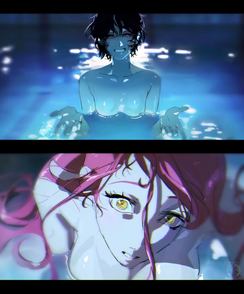 2girls alien_stage black_hair breasts chainsaw_man commentary highres i&#039;ll_teach_you_everything_(chainsaw_man) long_hair mizi_(alien_stage) multiple_girls partially_submerged pink_hair purple_eyes scene_reference smile sua_(alien_stage) uchiha_i_arts water yellow_eyes