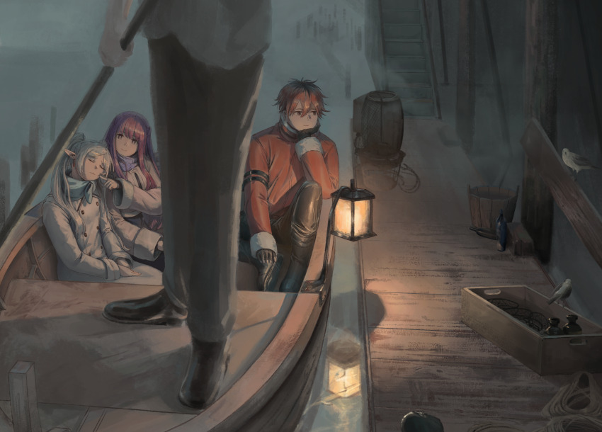 2boys 2girls black_gloves black_hair blunt_bangs boat breasts character_request dock elf fern_(sousou_no_frieren) flat_chest fog frieren gloves highres lantern large_breasts long_hair multicolored_hair multiple_boys multiple_girls on_boat pier pointy_ears purple_eyes purple_hair red_hair rowing scarf sousou_no_frieren stark_(sousou_no_frieren) twckb two-tone_hair waking_another watercraft white_hair winter_clothes
