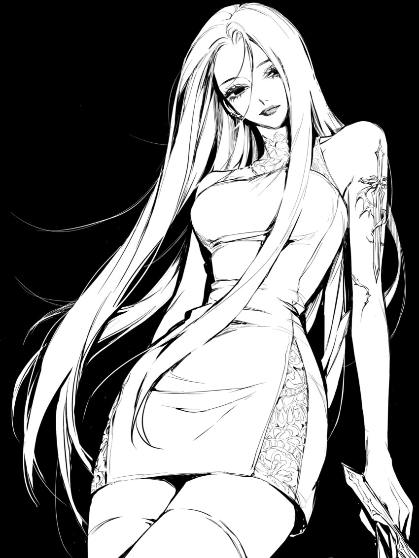 1girl arm_tattoo bare_shoulders breasts closed_mouth cowboy_shot dress greyscale hair_between_eyes highres holding lips long_hair looking_at_viewer medium_breasts monochrome original short_dress simple_background solo sword_tattoo tattoo teeniika very_long_hair white_background