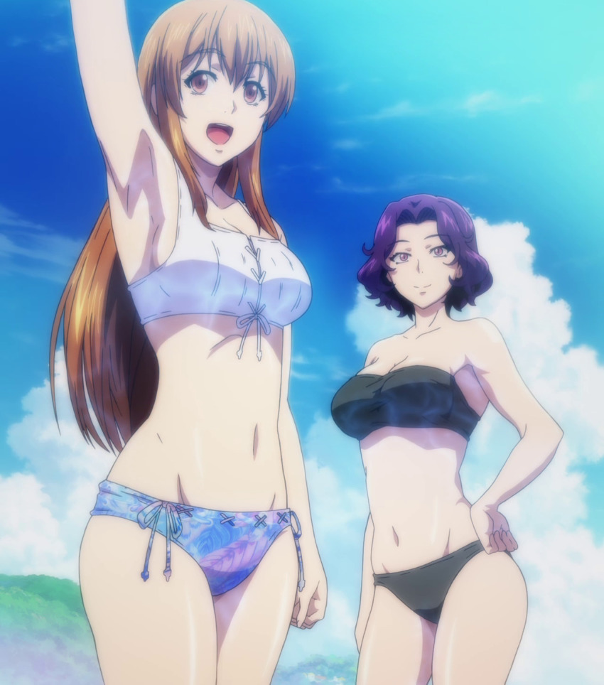 10s 2girls :d arm_at_side arm_up armpits bare_arms bare_legs bare_shoulders bikini black_bikini breasts brown_eyes brown_hair c: cleavage clenched_hand closed_mouth cloud collarbone day female_focus from_below grand_blue hair_between_eyes hamaoka_azusa hand_on_own_hip happy highres kotegawa_nanaka large_breasts legs long_hair looking_at_viewer midriff multiple_girls navel neck open_mouth outdoors parted_bangs purple_eyes purple_hair round_teeth screencap short_hair sidelocks sky smile standing stitched strapless strapless_bikini swimsuit teeth third-party_edit upper_teeth_only white_bikini