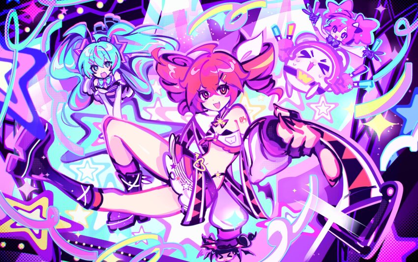 &gt;:) &gt;_&lt; :3 ankle_boots anzu_(anzuhan) bare_shoulders bear belt blue_bow blue_bowtie blue_eyes blue_hair boots bow bowtie buro_(muse_dash) colorful confetti detached_sleeves drill_hair dutch_angle fang floating glowstick hair_ornament hairclip halftone halftone hatsune_miku highres holding holding_belt kasane_teto kasane_teto_(sv) leg_up legs lilith_(muse_dash) multicolored_hair muse_dash navel ola_(muse_dash) penlight_(glowstick) perspective pink_hair pointing shoulder_tattoo sparkle star_(symbol) sweatdrop synthesizer_v tattoo twin_drills twintails two-tone_bow two-tone_hair v v-shaped_eyebrows vocaloid