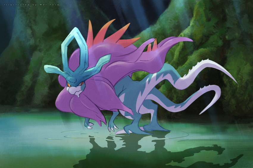 artist_name claws closed_mouth commentary_request day light_rays mei_ford moss nintendo no_humans outdoors pokemon pokemon_(creature) solo standing tree walking_wake