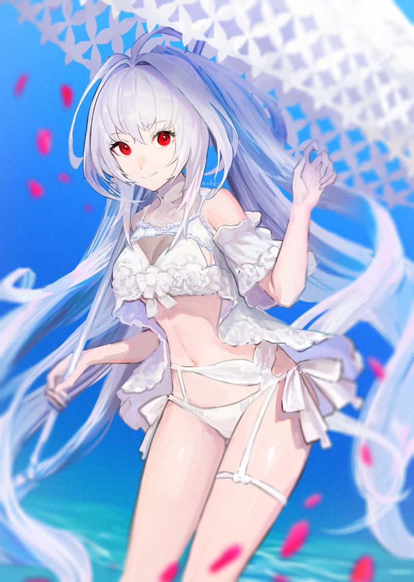 1girl bare_shoulders bikini breasts cleavage fate/grand_order fate_(series) highres lady_avalon_(fate) lady_avalon_(second_ascension)_(fate) long_hair looking_at_viewer merlin_(fate/prototype) navel smile solo swimsuit thighs waterstaring white_bikini
