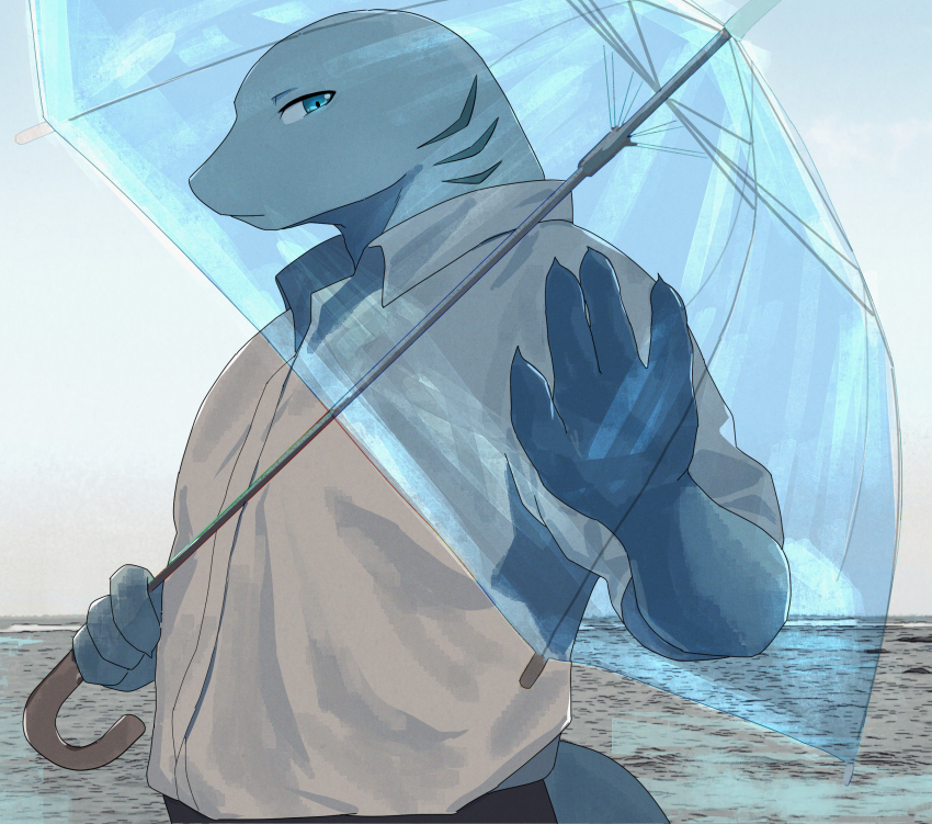 1boy blue_eyes claws closed_mouth commentary_request fins fish_tail furry furry_male gills gizugazu highres holding holding_umbrella laru_mine looking_at_viewer male_focus shark_boy shark_tail shirt tail transparent transparent_umbrella umbrella utau white_shirt