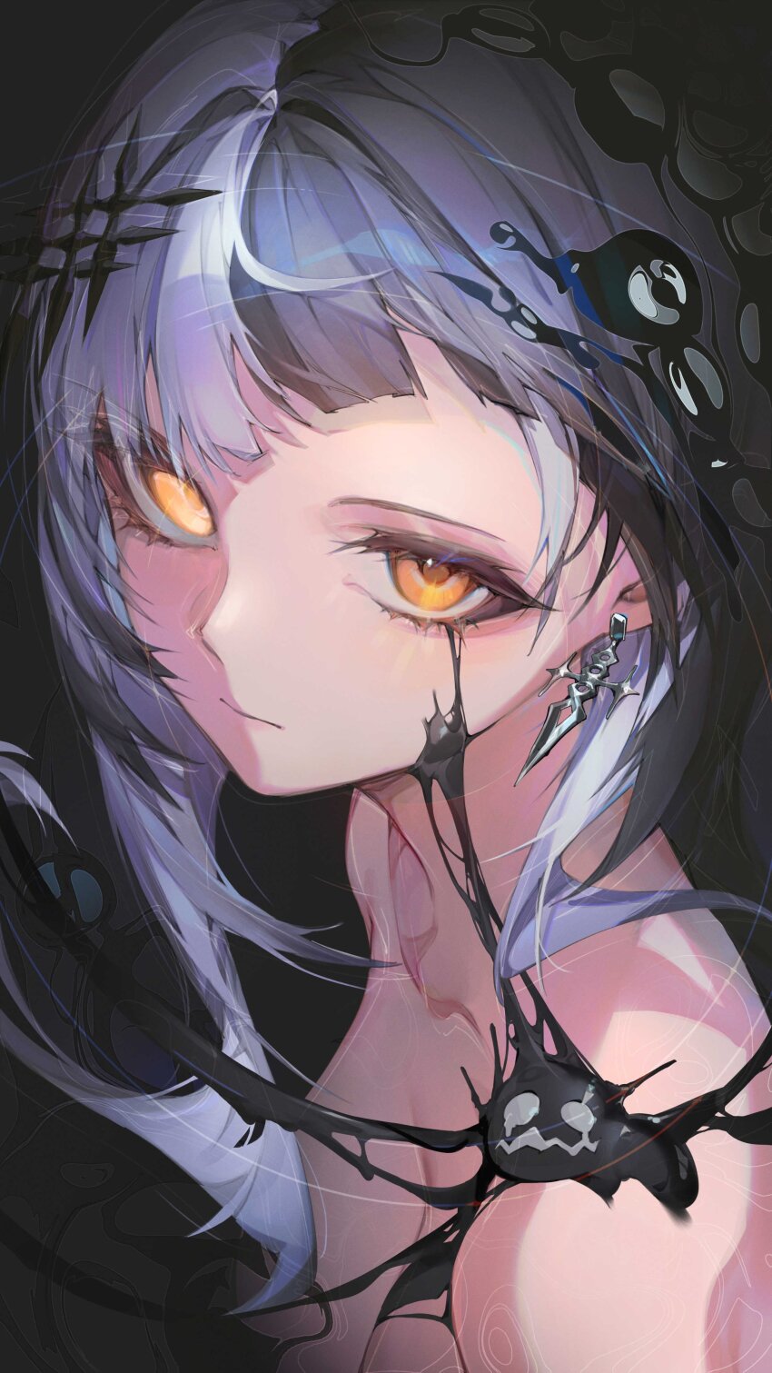 1girl absurdres black_hair black_liquid breasts cleavage closed_mouth commentary expressionless grey_hair highres hololive hololive_english large_breasts long_hair looking_at_viewer multicolored_hair newbie_(newbie_132) nude partially_submerged shiori_novella solo split-color_hair symbol-only_commentary two-tone_hair virtual_youtuber yellow_eyes yorick_(shiori_novella)