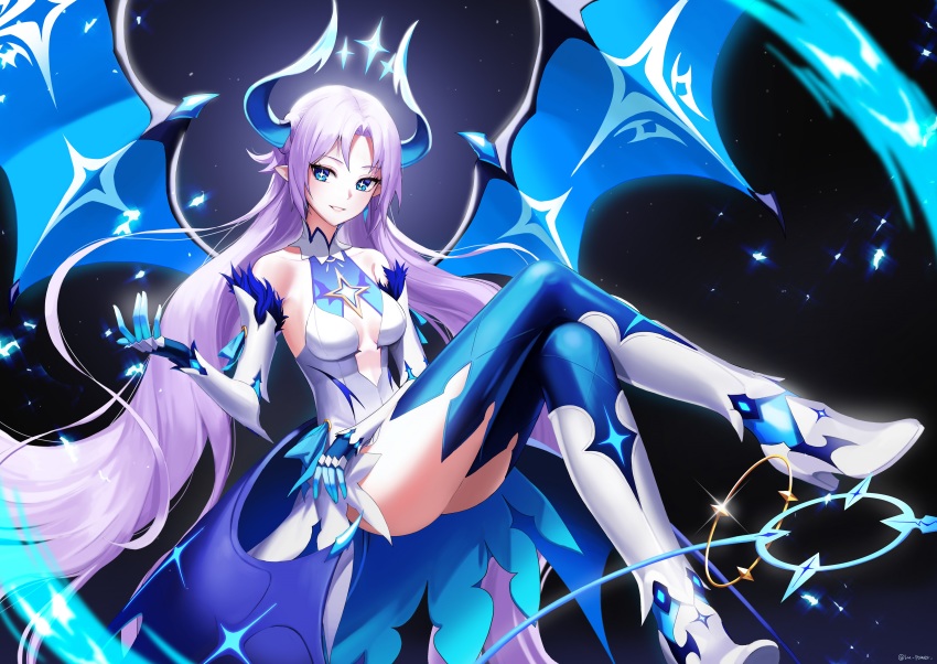 +_+ absurdres bare_shoulders blue_eyes blue_horns blue_wings breasts crossed_legs demon_girl demon_horns demon_wings elbow_gloves elsword gloves high_heels highres horns ishtar_(elsword) long_hair luciela_r._sourcream medium_breasts pointy_ears ppower_(lu_power) purple_hair smile sparkle thighhighs very_long_hair wings