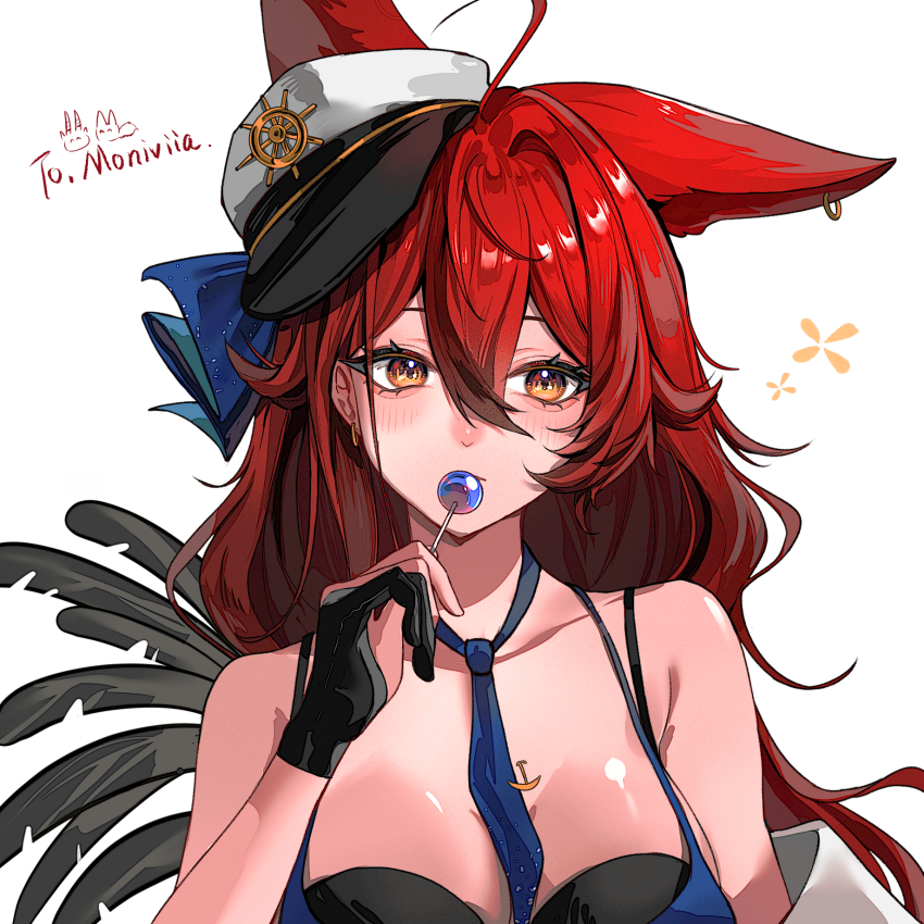 1girl ahoge animal_ear_piercing animal_ears bare_shoulders black_gloves blue_necktie blush candy chinese_commentary closed_mouth commentary_request food fox_ears gloves hair_between_eyes hand_up hat highres lollipop long_hair looking_at_viewer morisenlin necktie original red_hair sailor_hat solo upper_body white_background