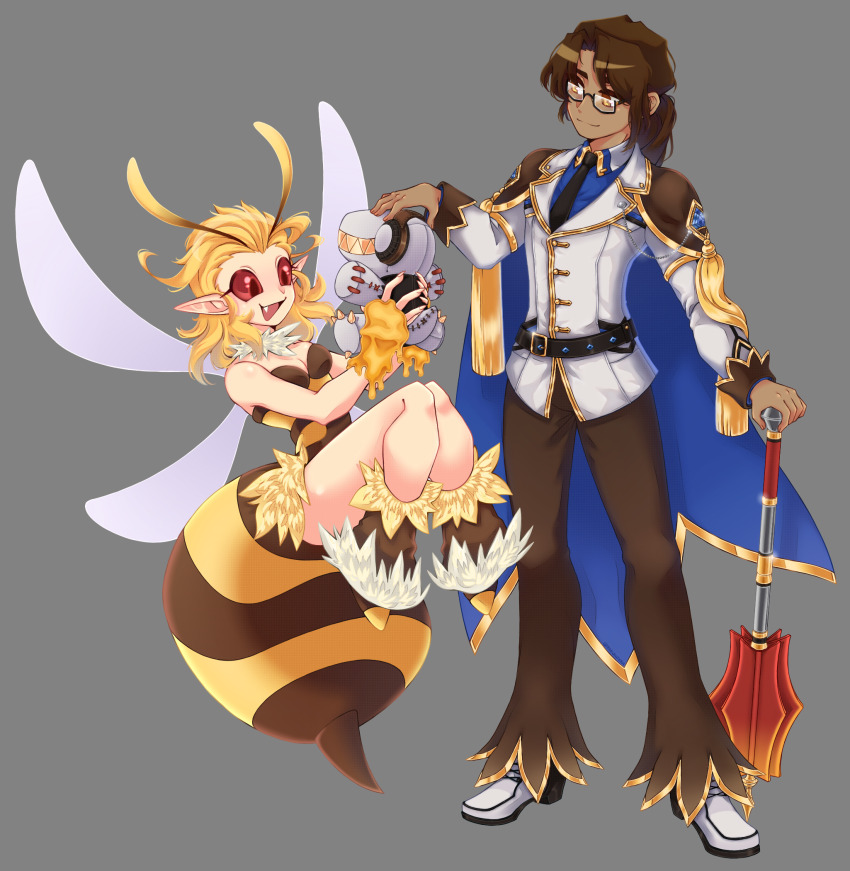 1boy 1girl antennae arthropod_girl bee_girl bee_wings black_necktie blazer blonde_hair blue_cape blue_shirt breasts brown_cape brown_eyes brown_hair brown_pants cape cleavage closed_mouth collared_shirt commentary dark-skinned_male dark_skin english_commentary fang full_body genetic_(ragnarok_online) grey_background highres hodremlin holding holding_mace holding_weapon insect_girl insect_wings jacket looking_at_another mace medium_breasts medium_hair necktie official_alternate_costume open_mouth pants priceofsilence ragnarok_online red_eyes sera_(ragnarok_online) shirt shoes simple_background smile stinger two-sided_cape two-sided_fabric weapon white_jacket white_shoes wings