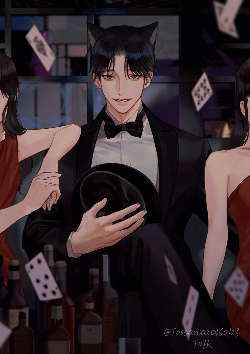 1boy 2girls ace_(playing_card) alcohol arm_on_another&#039;s_shoulder bare_shoulders black_bow black_bowtie black_hair black_hat black_jacket blurry blurry_background blurry_foreground bow bowtie card collarbone commentary cowboy_shot dress english_commentary faceless faceless_female grey_eyes hat hetero highres holding holding_unworn_clothes holding_unworn_hat jacket long_hair male_focus multiple_girls open_clothes open_jacket original own_hands_together parted_lips playing_card red_dress shirt short_hair sitting smile solo_focus strapless strapless_dress teeth thick_lips toscana20460423 unworn_hat unworn_headwear white_shirt