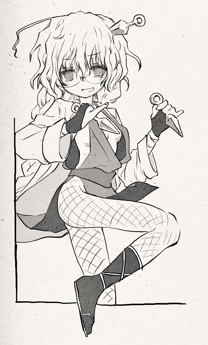 1girl alternate_costume alternate_hair_length alternate_hairstyle braid breasts bridal_gauntlets coat dual_wielding fishnet_pantyhose fishnets from_side glasses highres holding holding_knife japanese_clothes kagaku_chop kimono kneehighs knife knife_in_head kunai lab_coat long_hair long_sleeves looking_at_viewer low_twin_braids medium_breasts ninja no_bra object_through_head open_clothes open_coat open_kimono outside_border pantyhose payama pelvic_curtain pinky_out revealing_clothes reverse_grip ribs sideless_kimono simple_background smile socks solo standing standing_on_one_leg suzuzono_sai twin_braids twisted_torso v-shaped_eyebrows waraji wavy_hair weapon