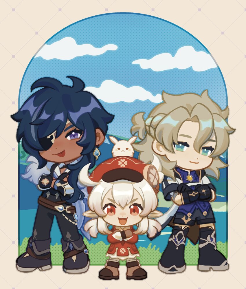 1girl 2boys :3 :p absurdres age_difference albedo_(genshin_impact) alkaechi animal animal_on_head black_gloves black_pants blue_sky boots chibi crossed_arms day diorama double-parted_bangs eyepatch full_body genshin_impact gloves hat height_difference highres kaeya_(genshin_impact) klee_(genshin_impact) looking_at_viewer multiple_boys on_head outside_border pants pointy_ears red_hat side_ahoge sky smile standing tongue tongue_out