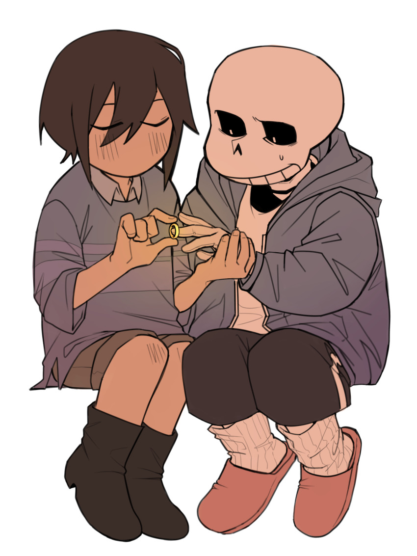 1boy 1other black_boots black_shorts blue_jacket blush boots brown_hair brown_shorts closed_eyes collared_shirt frisk_(undertale) full_body grey_shirt hand_grab highres jacket jewelry leg_warmers minominoks red_slippers ring sans_(undertale) shirt short_hair shorts simple_background sitting skeleton slippers small_sweatdrop striped_clothes striped_sweater sweater undertale white_background white_shirt